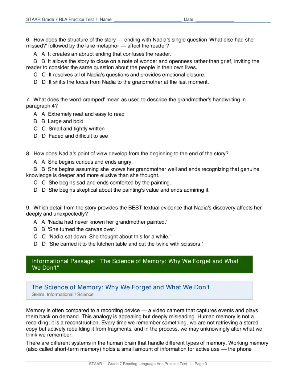 Still Water questions 6-9 on structure, word meaning, point of view and textual evidence, then a memory article begins