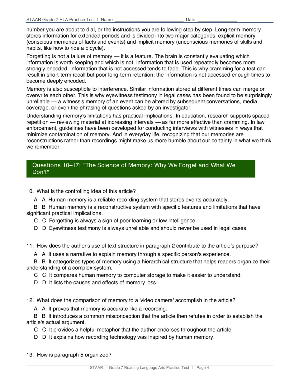 Science of Memory article ends; questions 10-13 cover controlling idea, text structure and the video camera analogy
