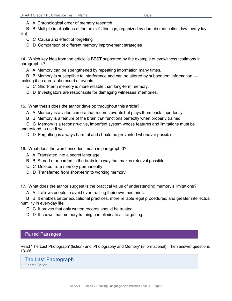 Memory article questions 13-17 on paragraph organization, key ideas, thesis and the word encoded; paired texts introduced