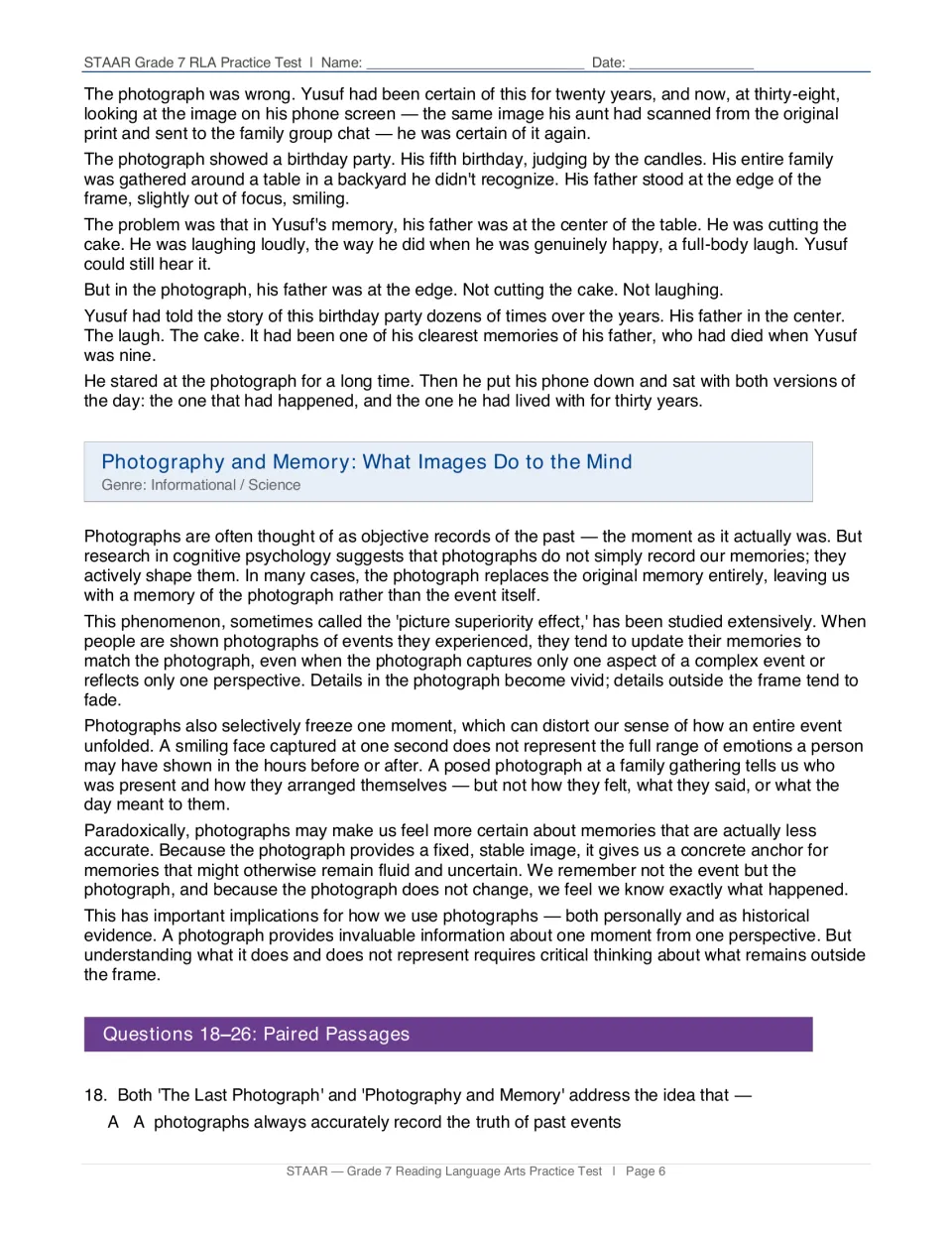Paired texts: The Last Photograph story about Yusuf's memory of his father and an article on how photos shape memory