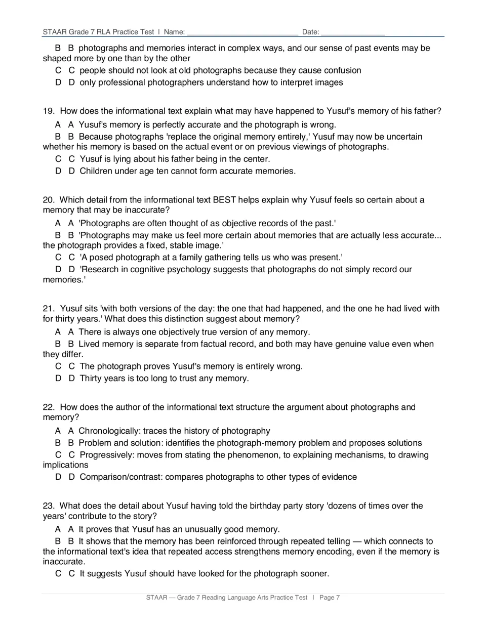Paired passage questions 18-23: students connect the Yusuf story and photo article, citing evidence and analyzing structure