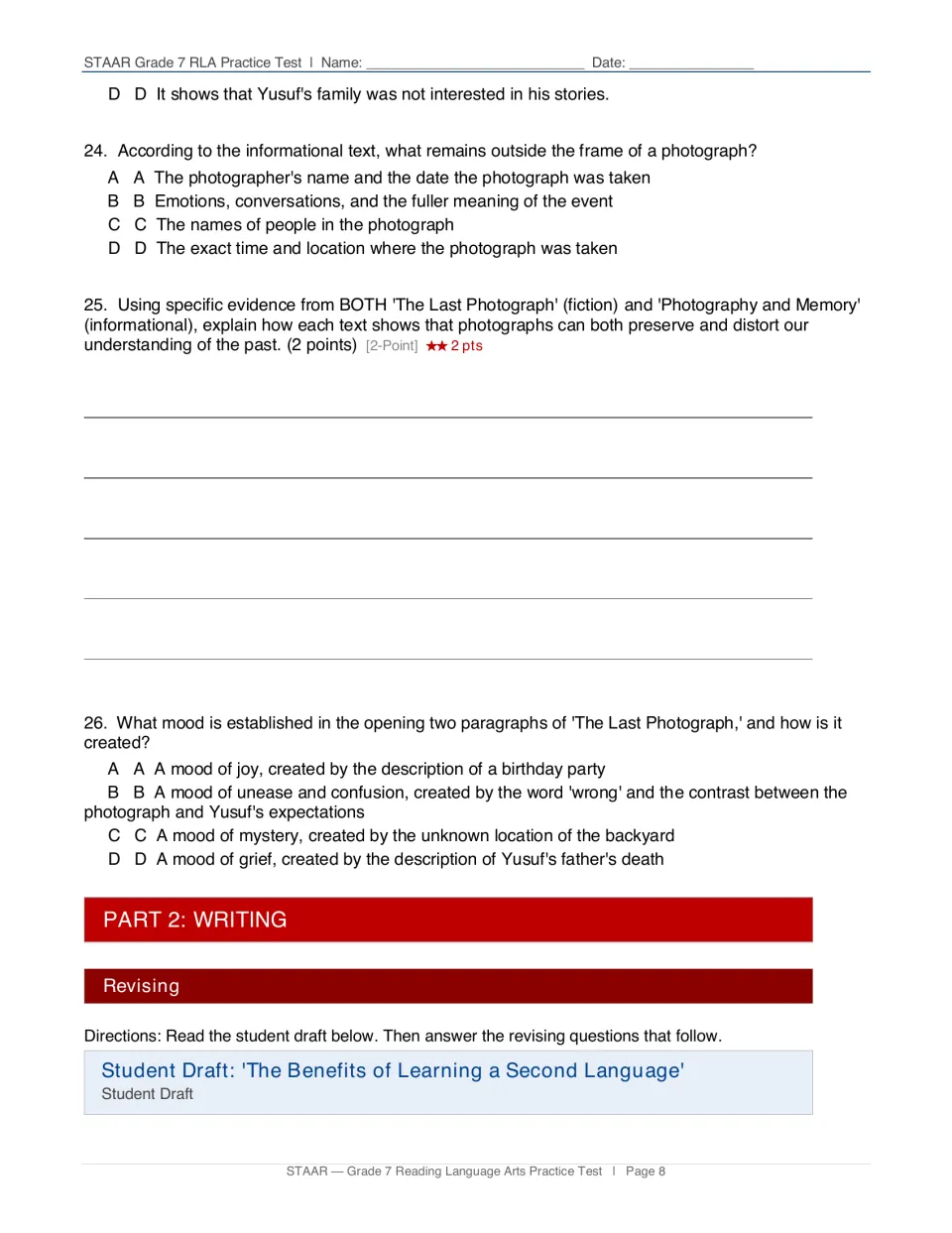 Questions 24-26 include a 2-point written response using evidence from both texts; Part 2 Writing begins with revising
