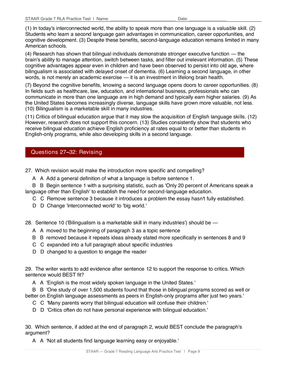 Revising practice: a numbered student essay on learning a second language, with questions 27-30 on improving its sentences