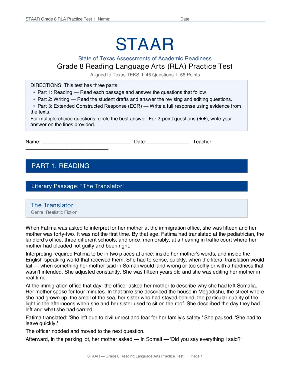 STAAR RLA test directions for three parts, then Part 1 opens with 'The Translator,' a realistic fiction passage to read