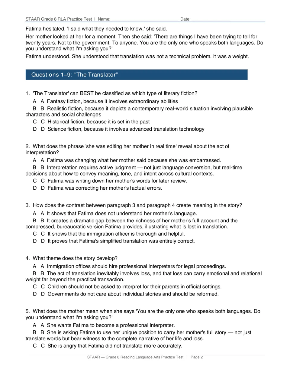 'The Translator' questions 1-5: students choose answers on genre, theme, phrase meaning and contrast between paragraphs