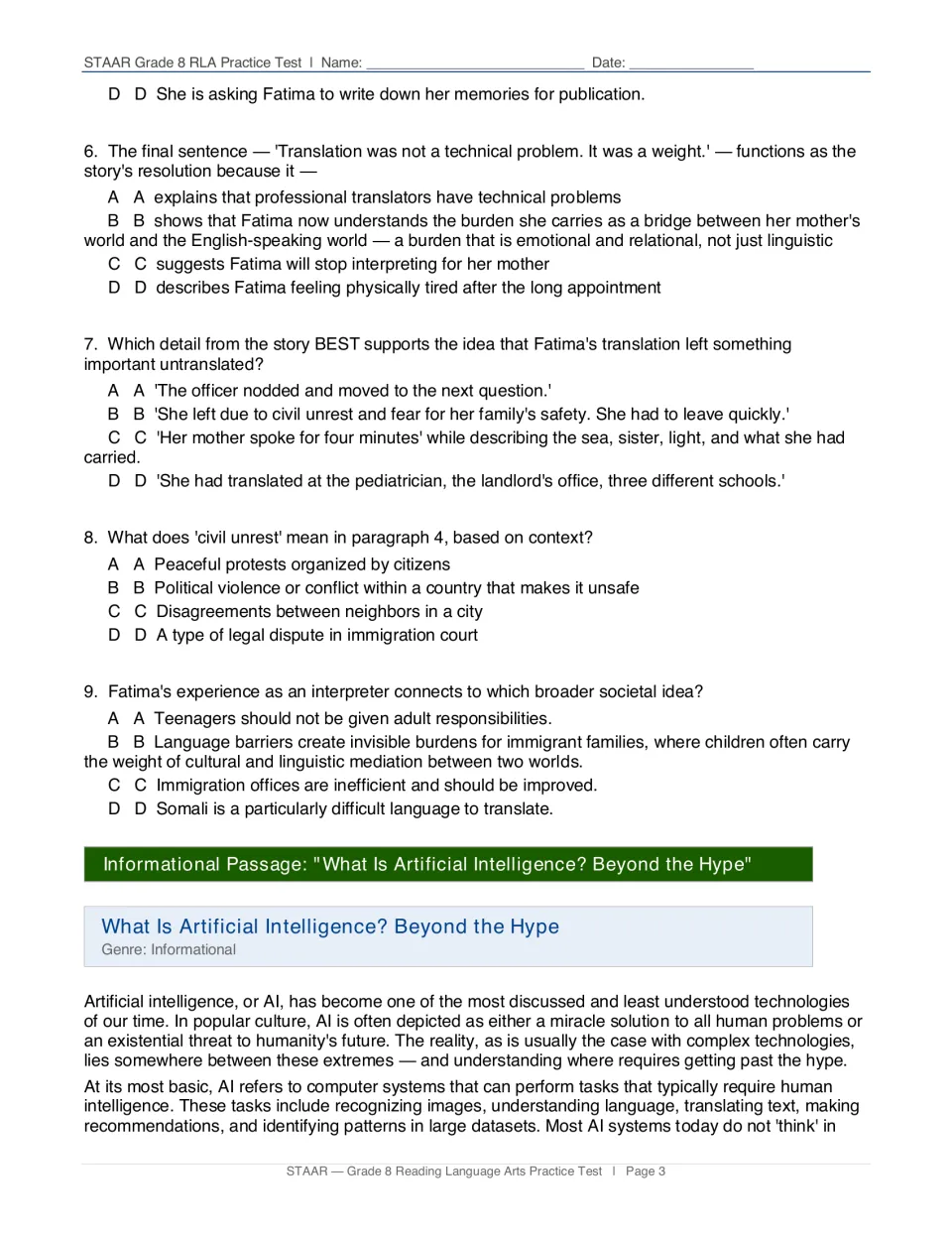 Questions 6-9 on resolution, text evidence and the context clue 'civil unrest,' then an informational article on AI begins
