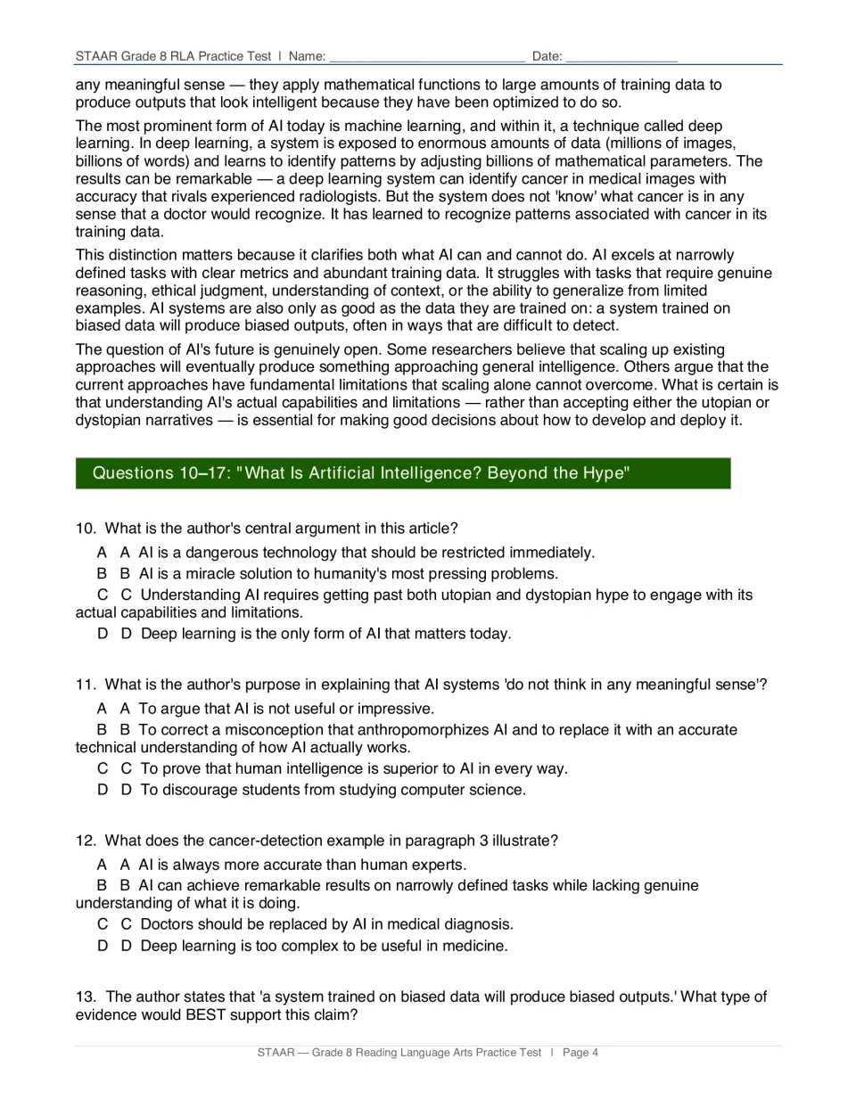Rest of the AI article on deep learning and biased data, then questions 10-13 on central argument and author's purpose