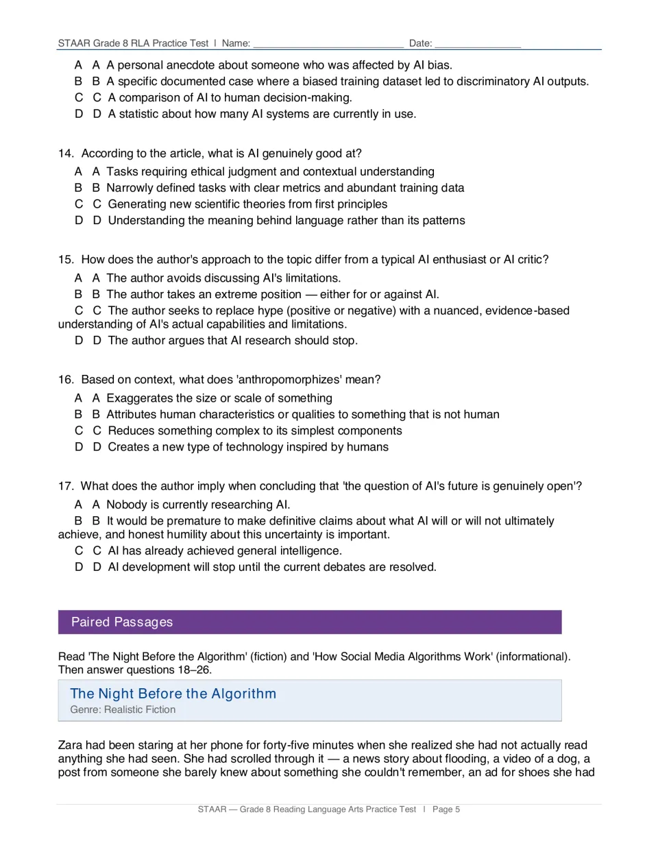 AI questions 13-17 on evidence, word meaning and author's approach, then the paired story 'The Night Before the Algorithm'