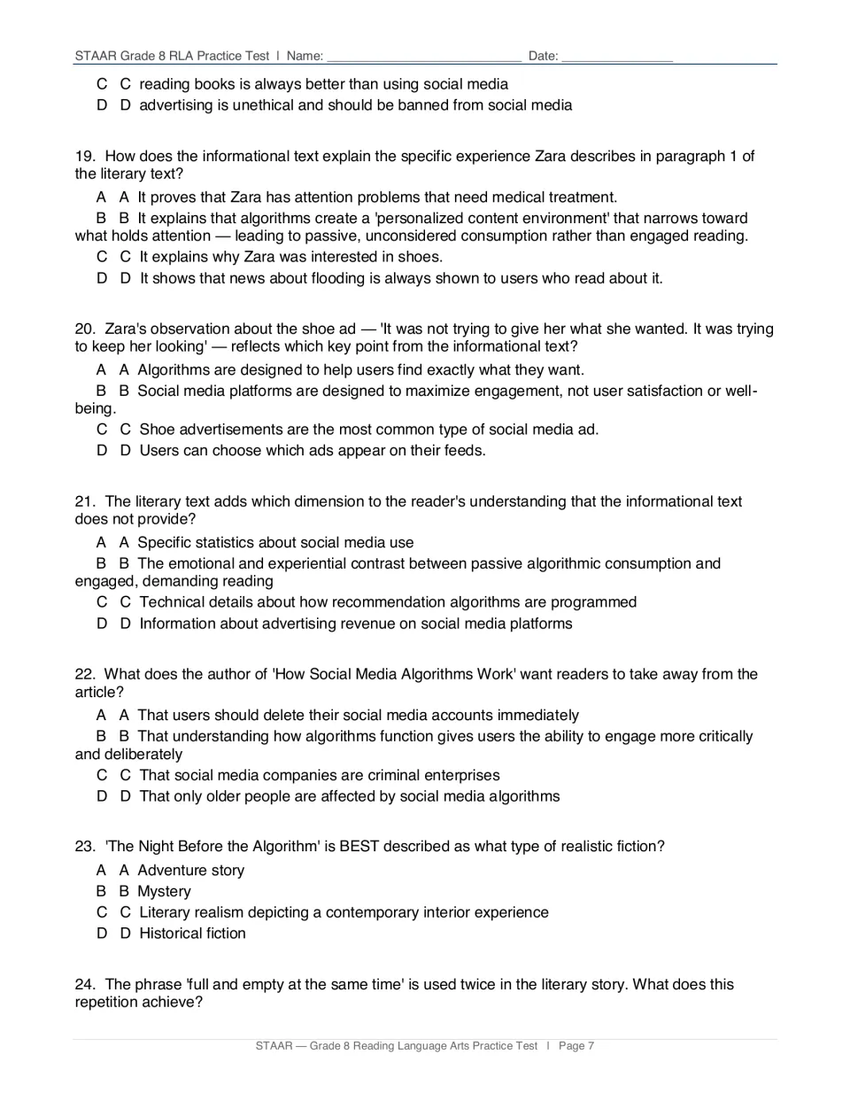 Questions 19-24: students link Zara's experience to the article and identify genre and the effect of repetition