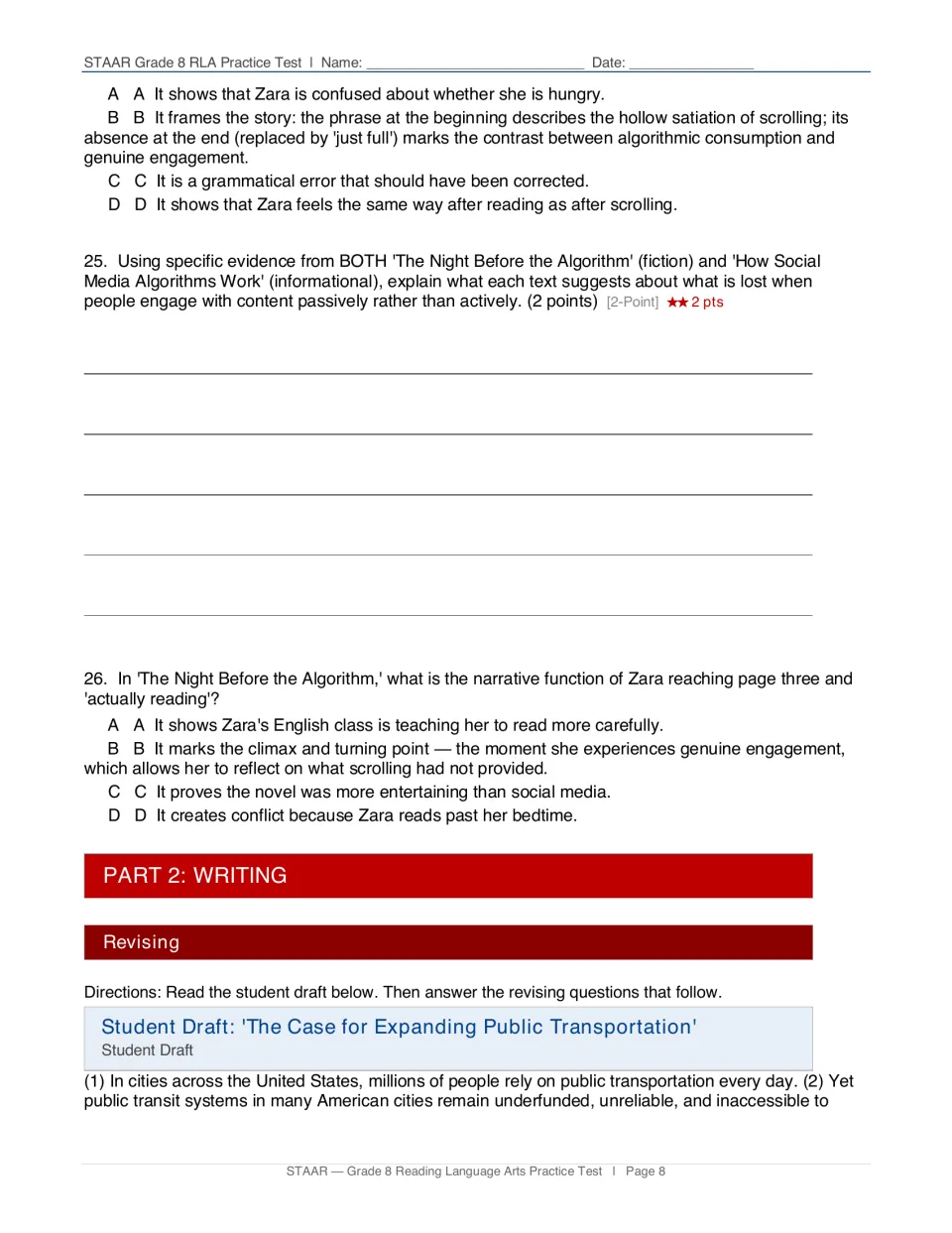 Two-point written response using evidence from both texts, item 26, then Part 2 Writing opens a student draft