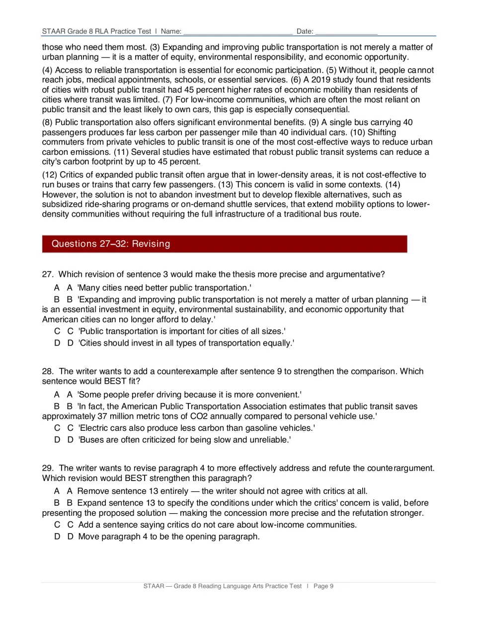 Revising: a student essay on expanding public transit in numbered sentences, with questions 27-29 on thesis and support