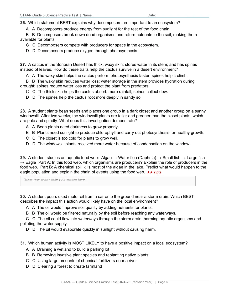 Organisms questions 26-31 on decomposers, cactus adaptations, bean plants and light, an aquatic food web and human impacts