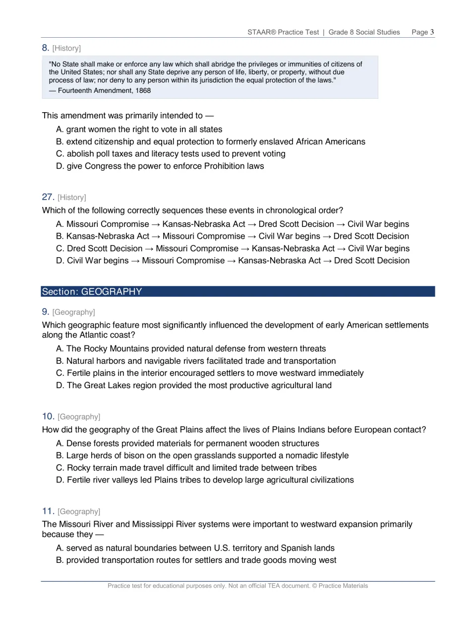 Fourteenth Amendment excerpt, event sequencing question, then geography items on harbors, Great Plains bison and rivers