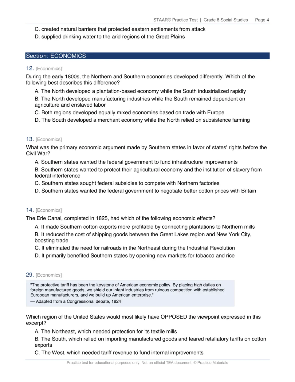 Economics questions on North vs. South economies, states' rights, the Erie Canal and a protective tariff debate excerpt