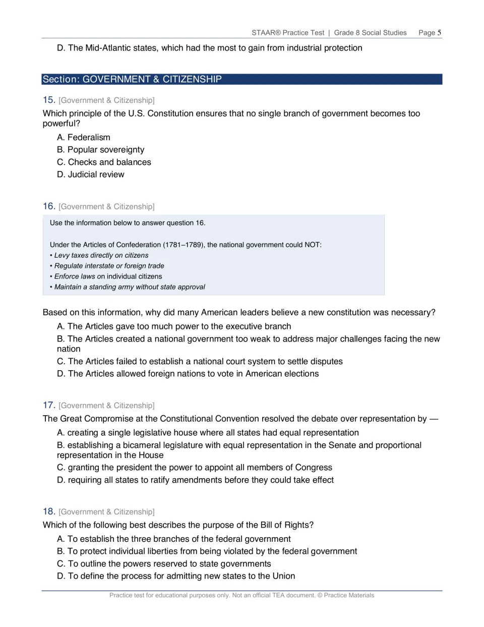 Government and citizenship items on checks and balances, Articles of Confederation, Great Compromise and Bill of Rights