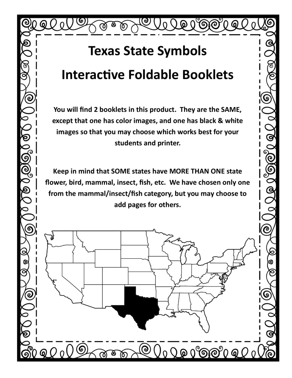 Booklet overview explains the matching color and black-and-white versions and options for extra state symbols