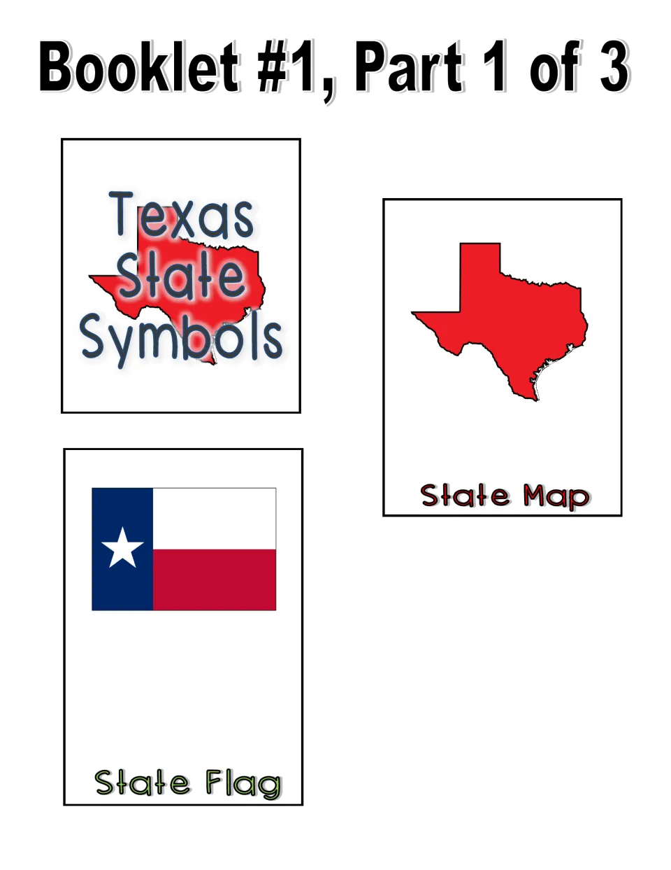 Color booklet part 1 of 3 includes the title piece, Texas state map, and state flag for cutting and assembly