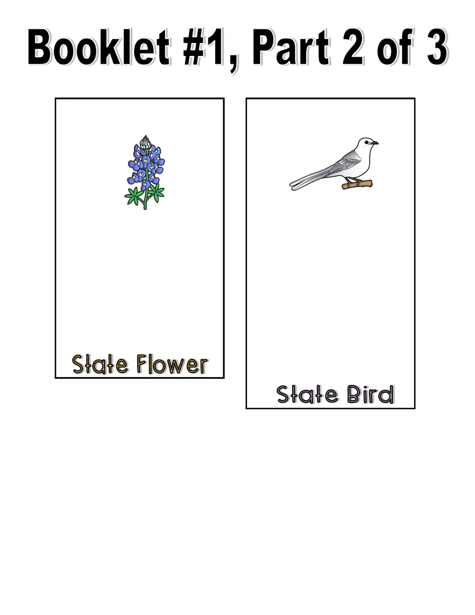 Color booklet part 2 of 3 includes state flower and state bird pieces illustrated with a bluebonnet and bird
