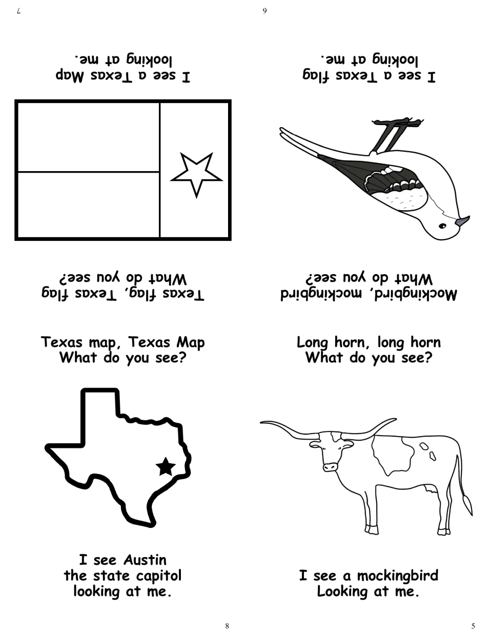 Mini-book pages 5-8 to color and read: longhorn, mockingbird, Texas flag and Texas map with a star marking Austin