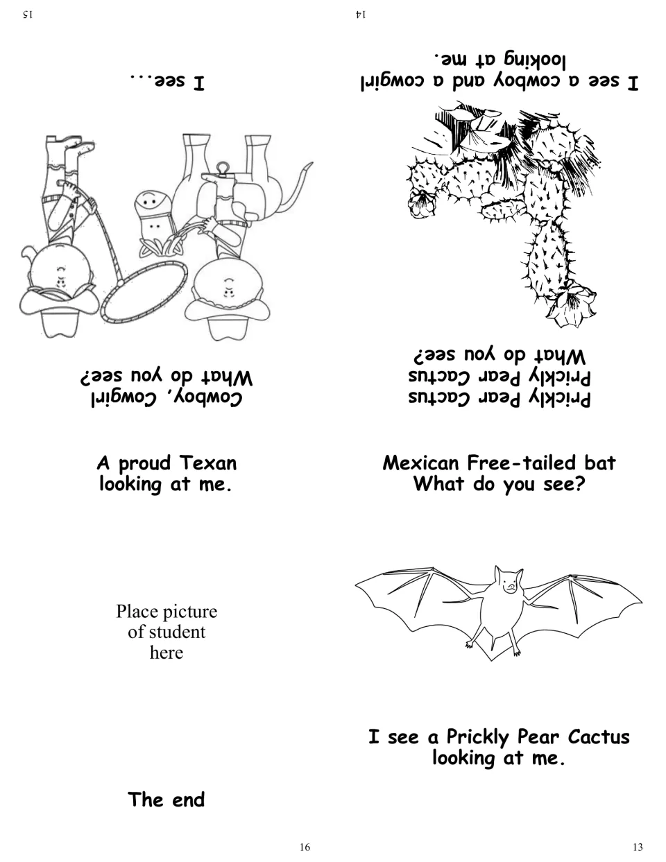 Final booklet pages 13-16: free-tailed bat, prickly pear cactus, cowboy and cowgirl, and a spot for a student photo