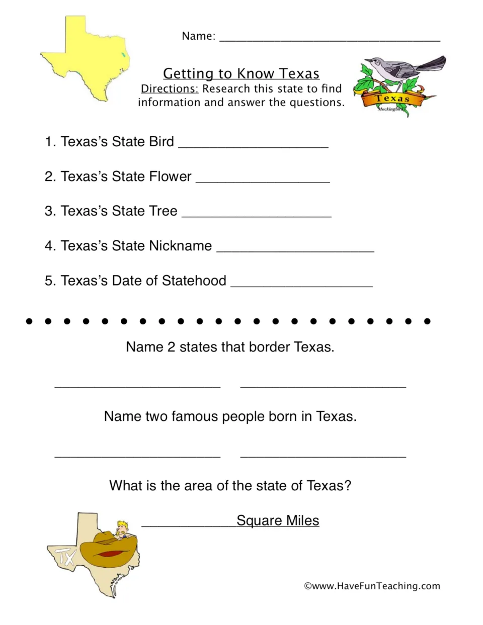 Getting to Know Texas research: students find the state bird, flower, tree, nickname, statehood date, borders and area