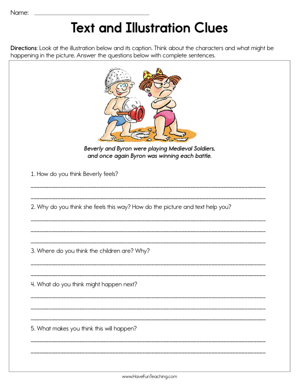 Reading clues worksheet: Beverly and Byron play Medieval Soldiers, followed by five inference questions.