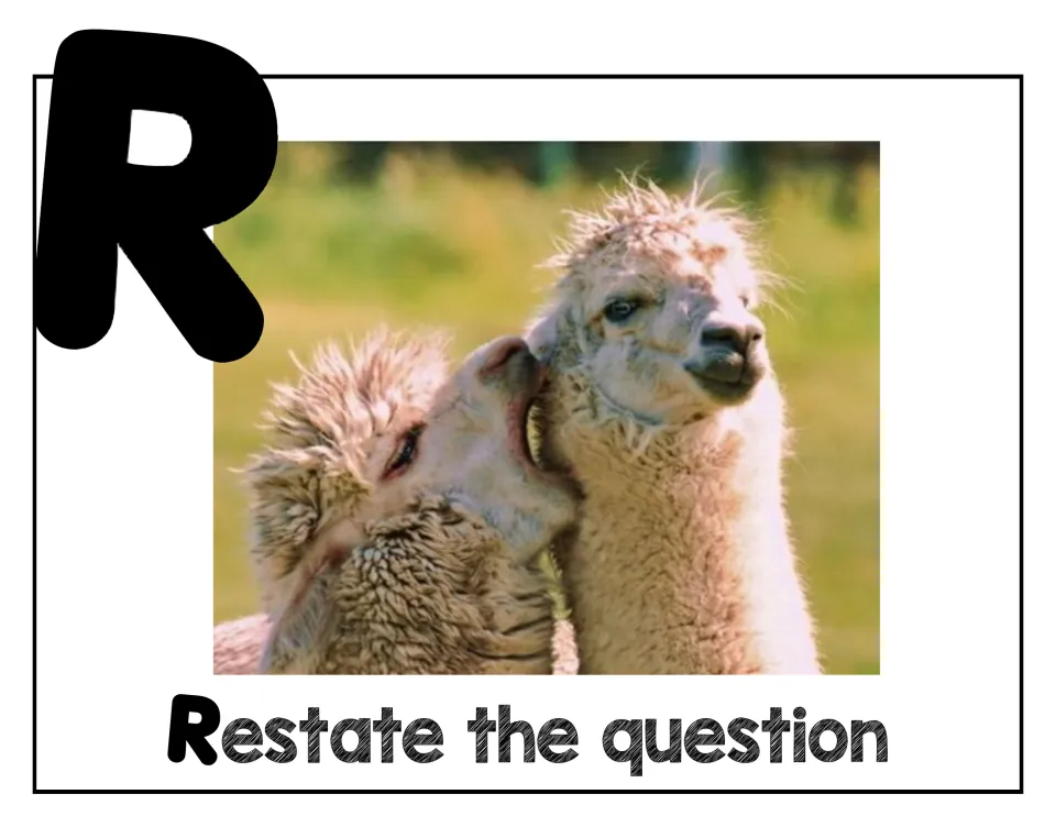 R step: Restate the question, shown with a large letter R beside a photo of two alpacas nuzzling in a field