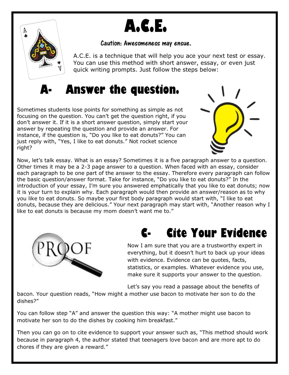 A.C.E. steps A and C: answer the question by restating it, then cite evidence such as quotes, facts or examples