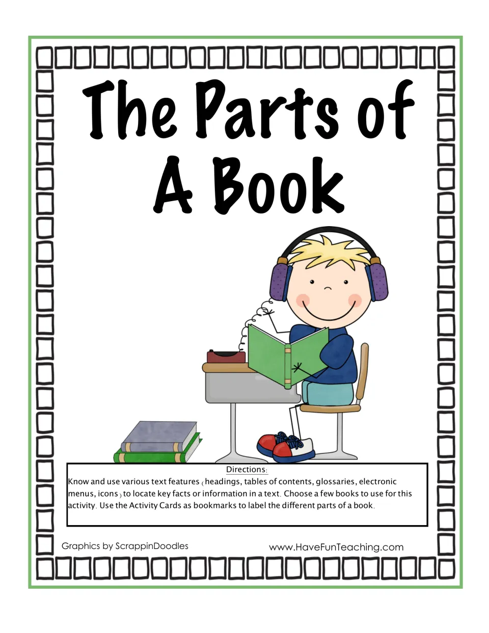 The Parts of A Book cover: directions to label a book's text features using the activity cards as bookmarks