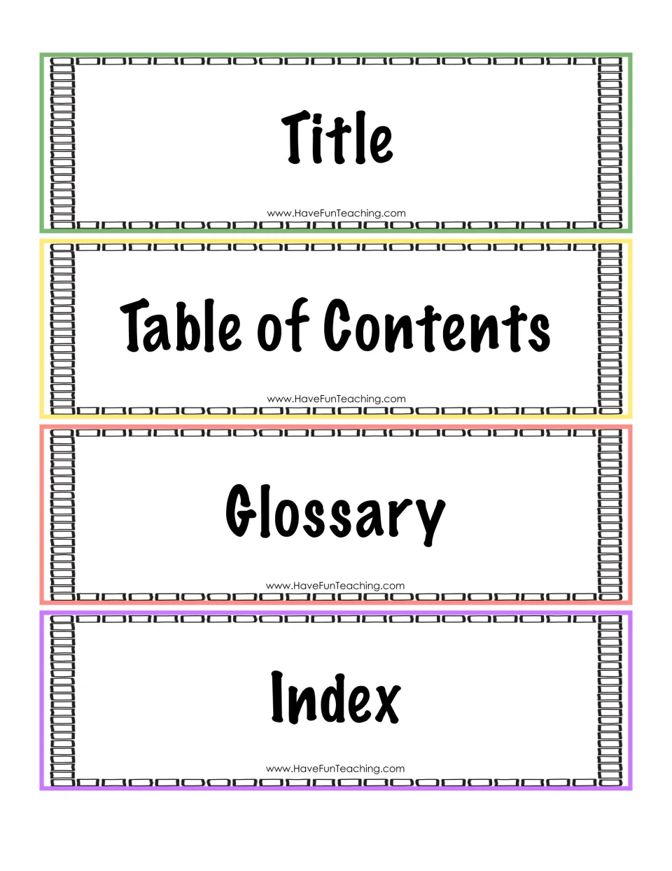 Book parts bookmark cards: Title, Table of Contents, Glossary and Index for labeling text features in a book