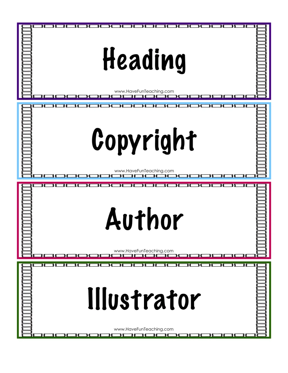 More bookmark cards: Heading, Copyright, Author and Illustrator, for students to place on those parts of a real book