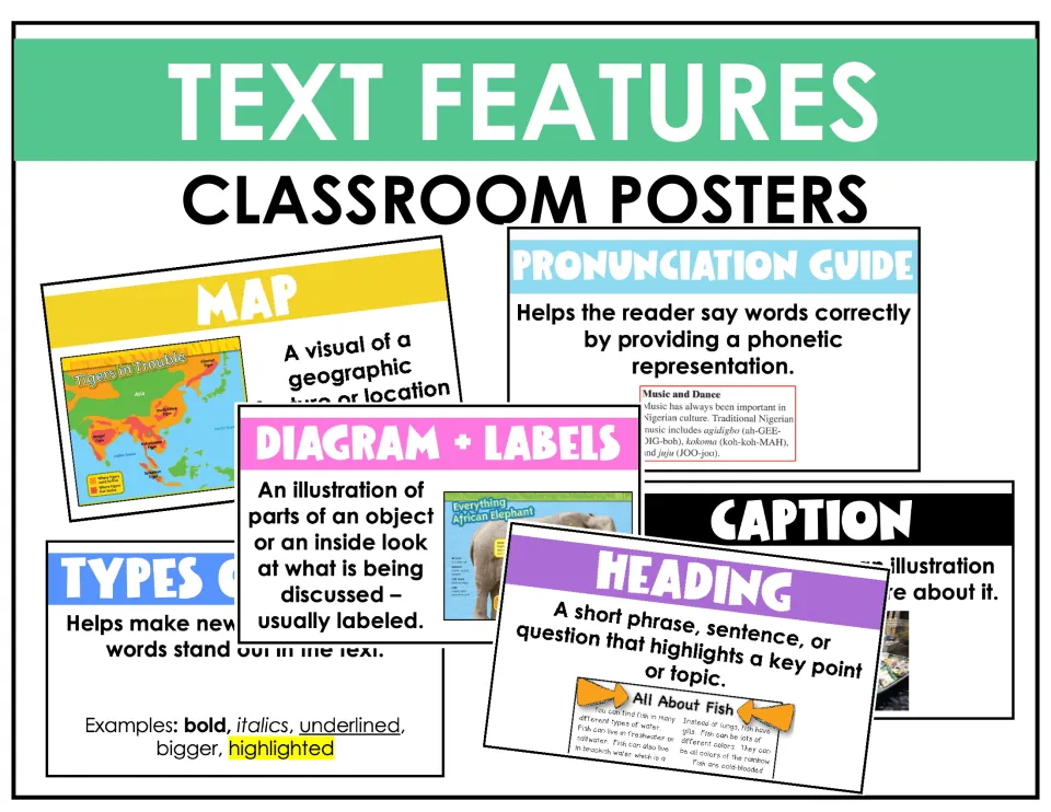 Text features classroom posters cover previewing map, pronunciation guide, diagram, caption, heading and print cards