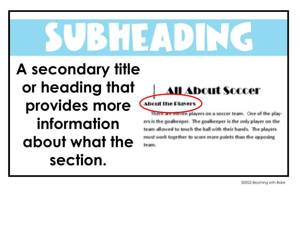 Subheading text feature: a secondary title adding section detail, with About the Players circled under All About Soccer