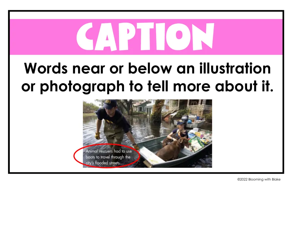 Caption text feature: words near an illustration or photo that tell more, with a flood rescue photo caption circled