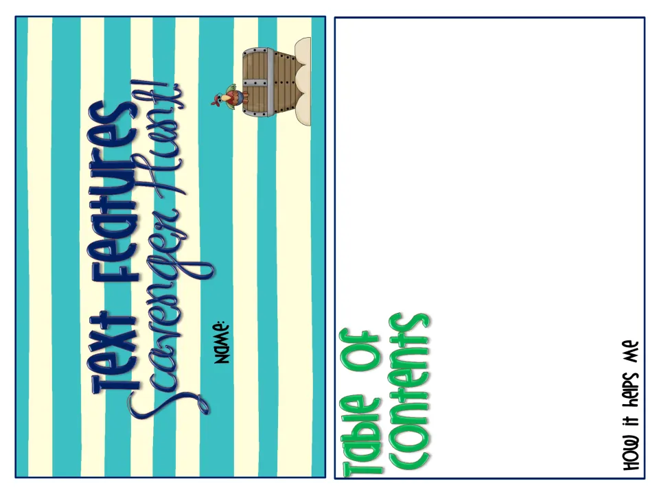 Scavenger hunt booklet cover with a name line, plus a table of contents page to paste an example and explain it