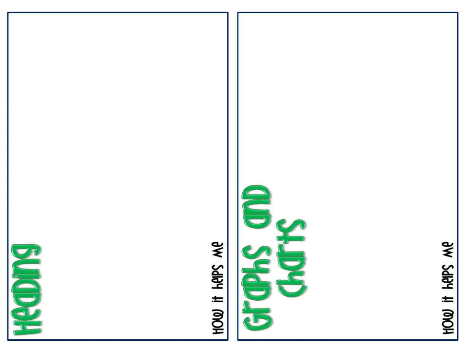 Booklet pages for heading and graphs and charts: students paste a nonfiction example of each and write how it helps them