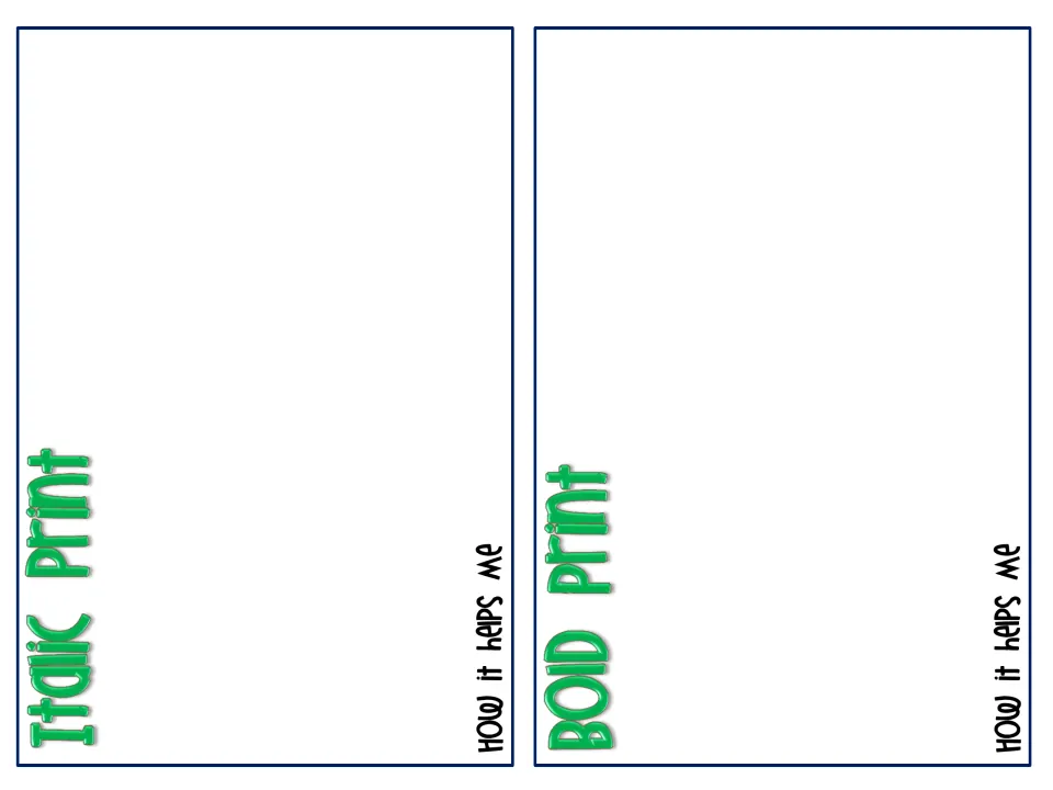 Italic print and bold print booklet pages: students cut out an example from nonfiction text and describe how it helps them