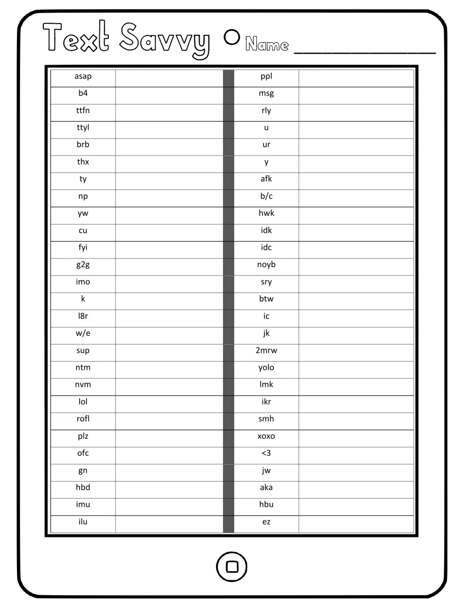 Text Savvy texting abbreviations: students write out what each of 54 shorthand terms like asap, brb, idk and smh means