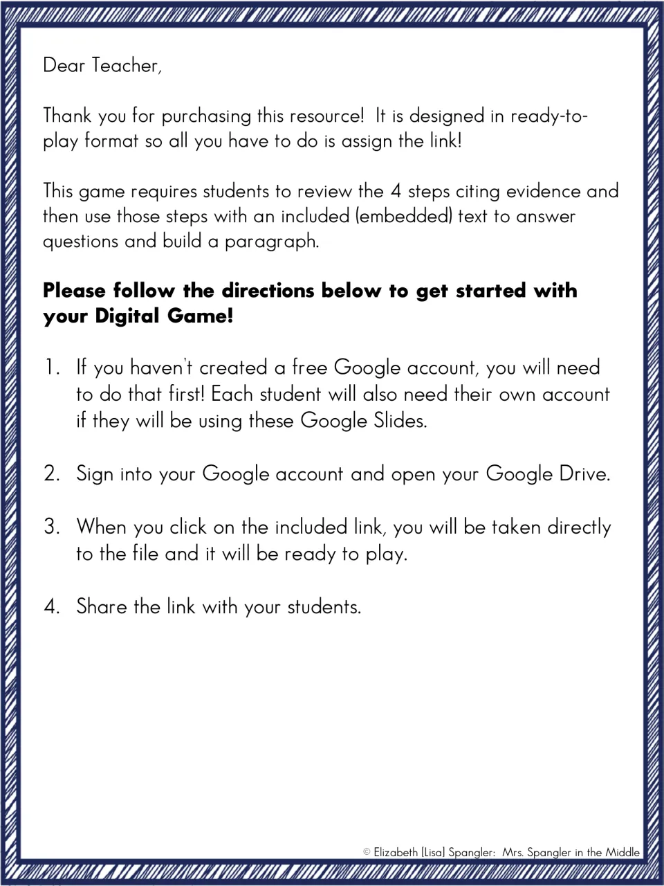 Teacher letter: students review 4 steps of citing evidence and use an embedded text; 4 steps cover Google setup and sharing