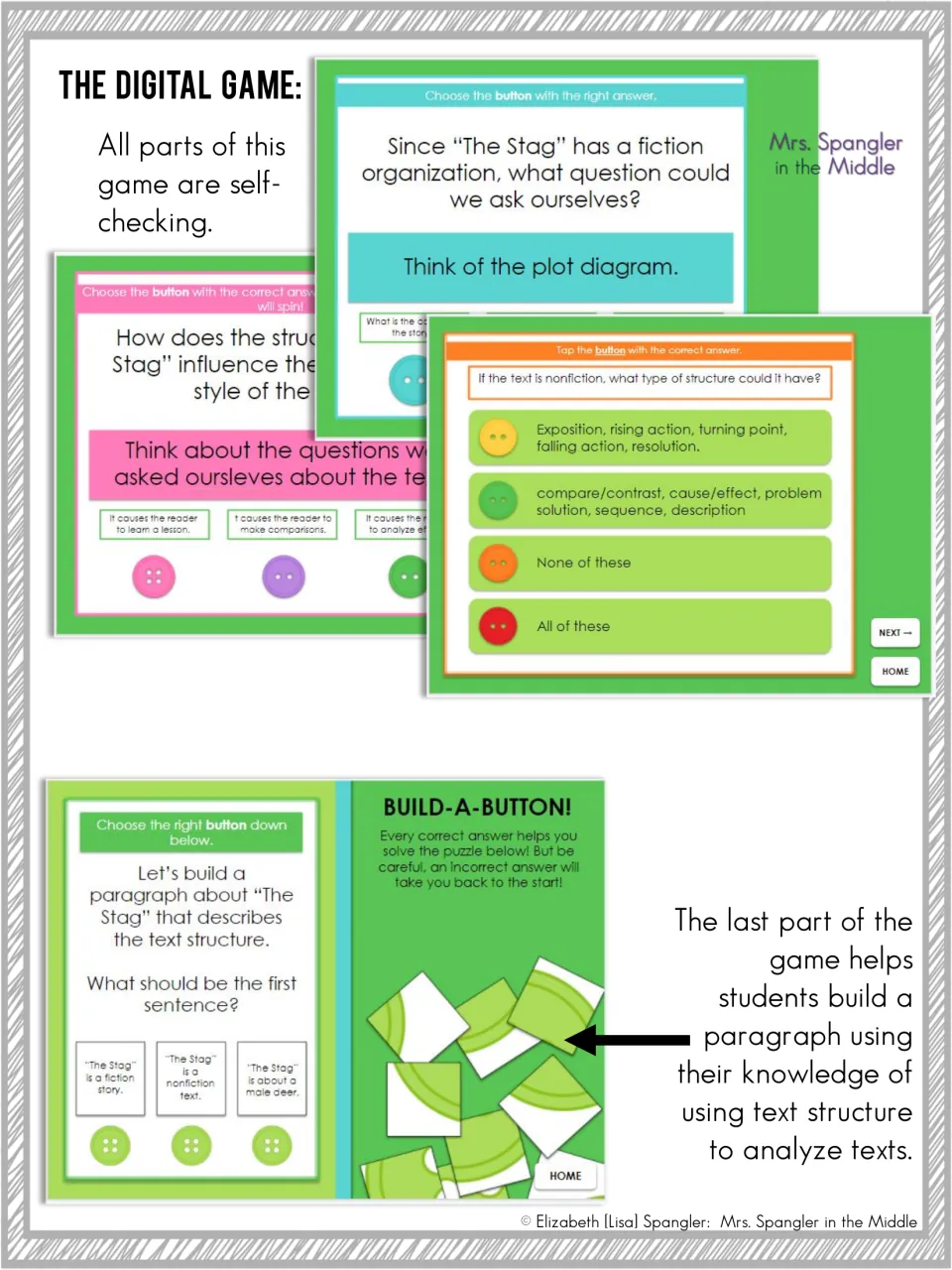 Sample self-checking slides: students tap buttons to answer questions on 'The Stag' and build a text structure paragraph