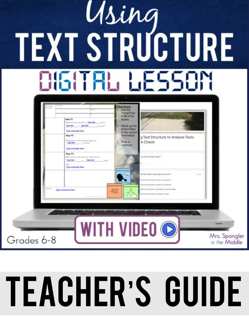 Using Text Structure teacher's guide cover: a laptop shows digital notes with picture flaps, a Quick Check quiz and video