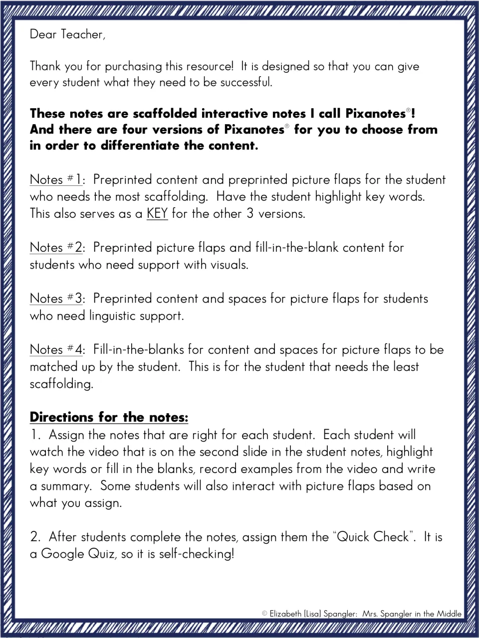 Teacher letter on four Pixanotes versions, from fully preprinted to fill-in-the-blank, plus directions for notes and quiz