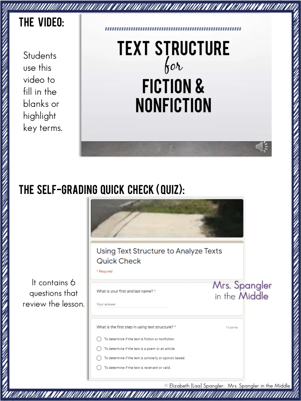 Fiction and nonfiction text structure video slide and the self-grading Quick Check quiz, which has 6 review questions