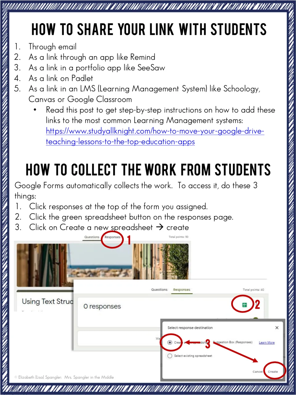Sharing and collecting: ways to send the form link to students, plus 3 annotated steps to view responses in a spreadsheet