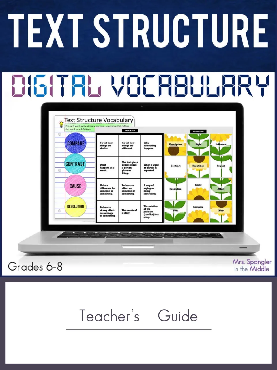 Text Structure Digital Vocabulary teacher's guide cover showing a laptop with vocabulary organizers and a tile puzzle