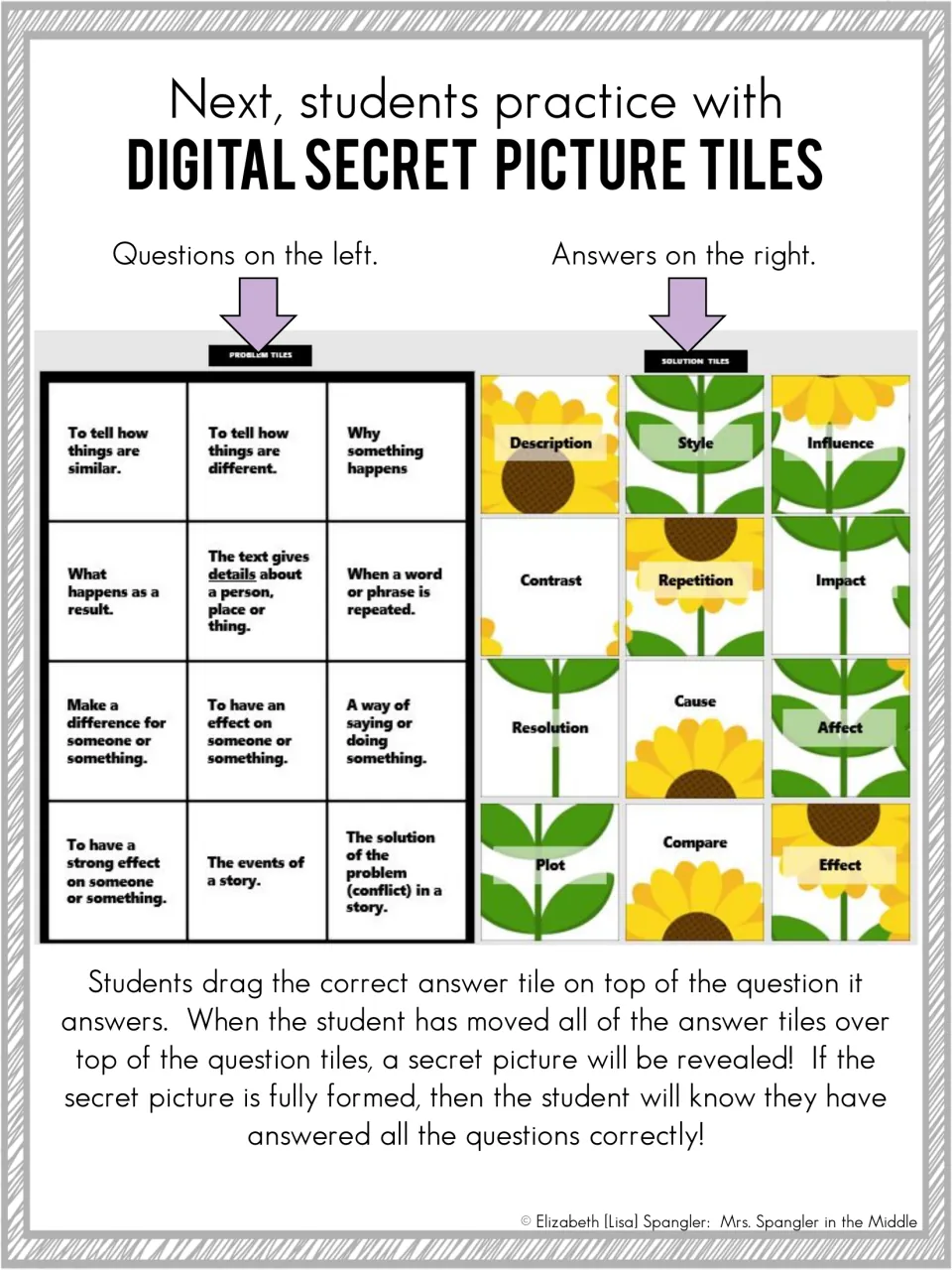 Secret picture tiles: students drag word tiles like Contrast and Plot onto matching definitions to reveal a picture