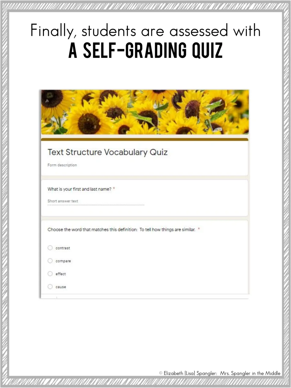 Self-grading quiz preview: a Google Form asks students to pick the word for a definition, like compare for similar things