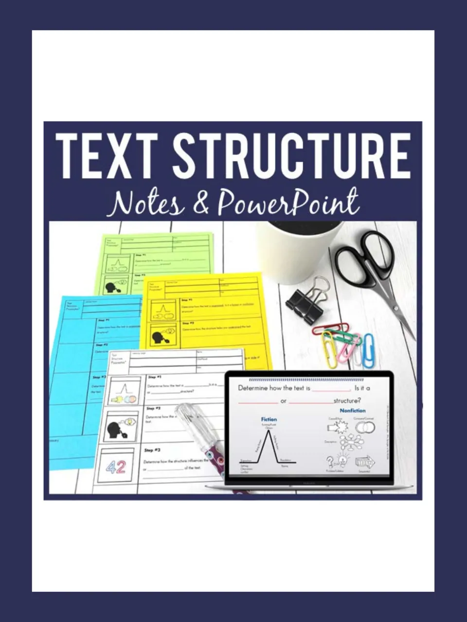 Text Structure Notes & PowerPoint cover: colored Pixanotes sheets with picture flaps and a fiction/nonfiction slide