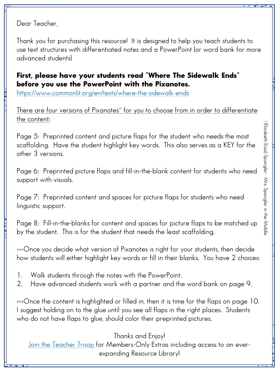 Teacher directions: read Where the Sidewalk Ends first, then pick one of four Pixanotes versions and add picture flaps
