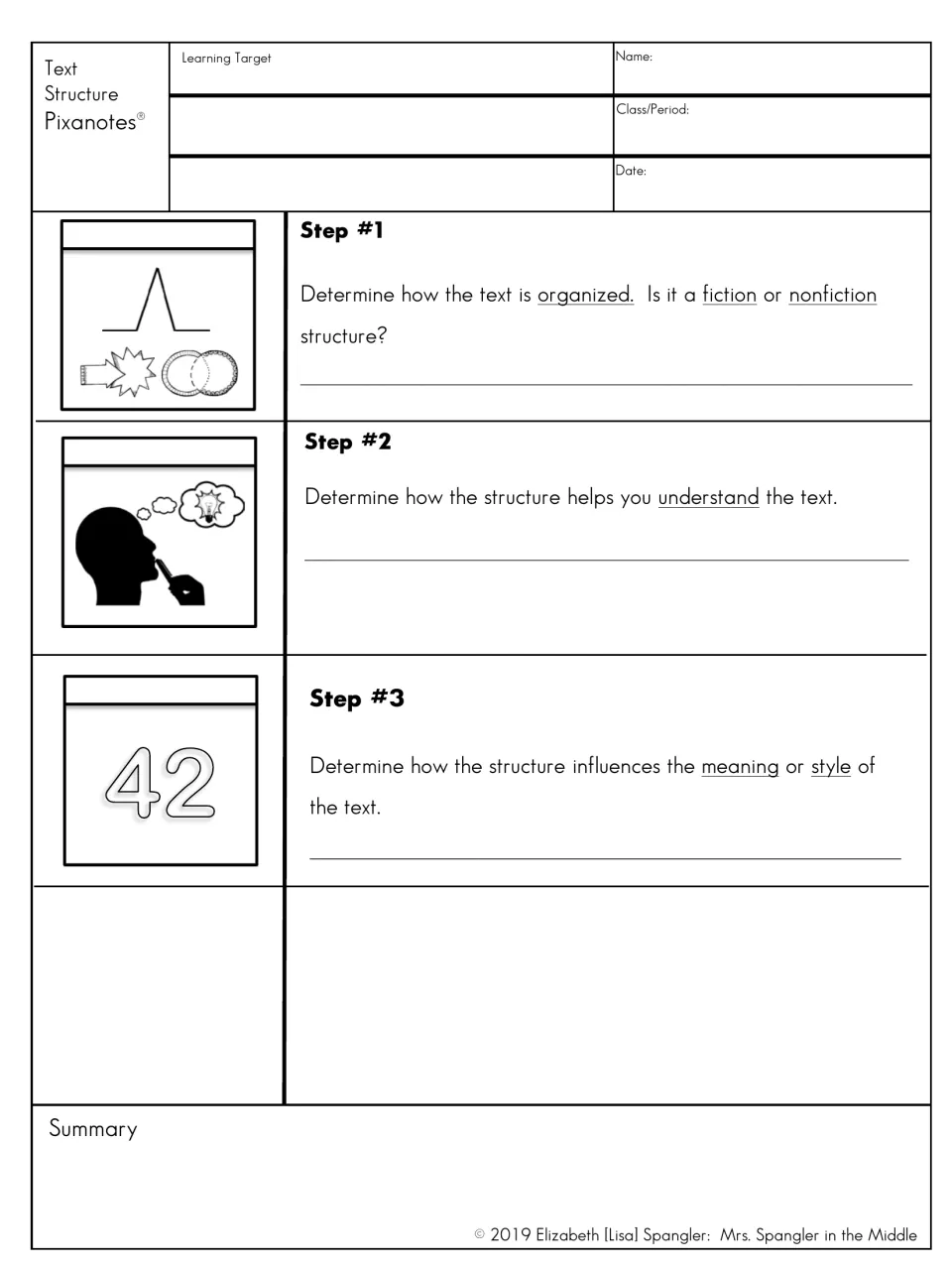 Text structure notes, preprinted: three steps on how text is organized, aids understanding and shapes meaning or style